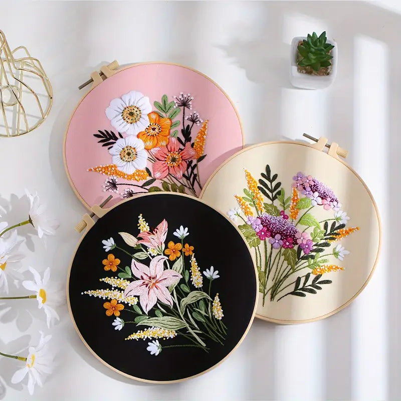 5pcs Colorful flowers Embroidery Kit for Beginners Modern, Easy Floral/Floral Art Kit with Hoop, DIY Starter Craft Kit for Adults, Gift for Her