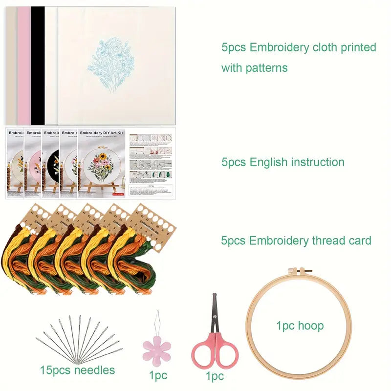 5pcs Colorful flowers Embroidery Kit for Beginners Modern, Easy Floral/Floral Art Kit with Hoop, DIY Starter Craft Kit for Adults, Gift for Her