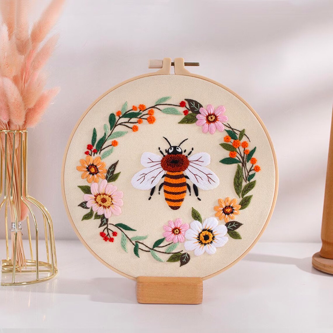 Bees and Flowers Embroidery Kit For Beginner  Modern Embroidery Kit with Pattern