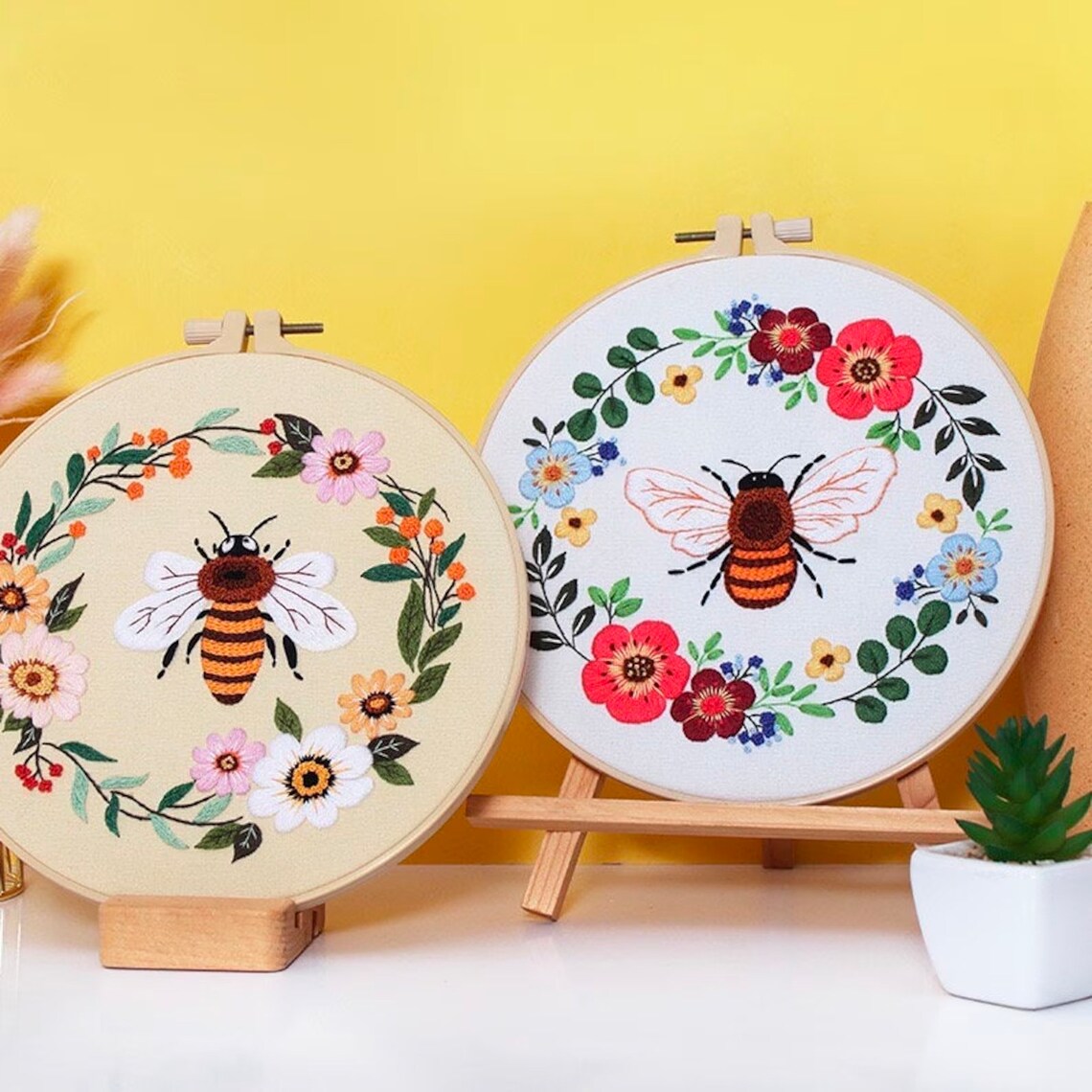 Bees and Flowers Embroidery Kit For Beginner  Modern Embroidery Kit with Pattern
